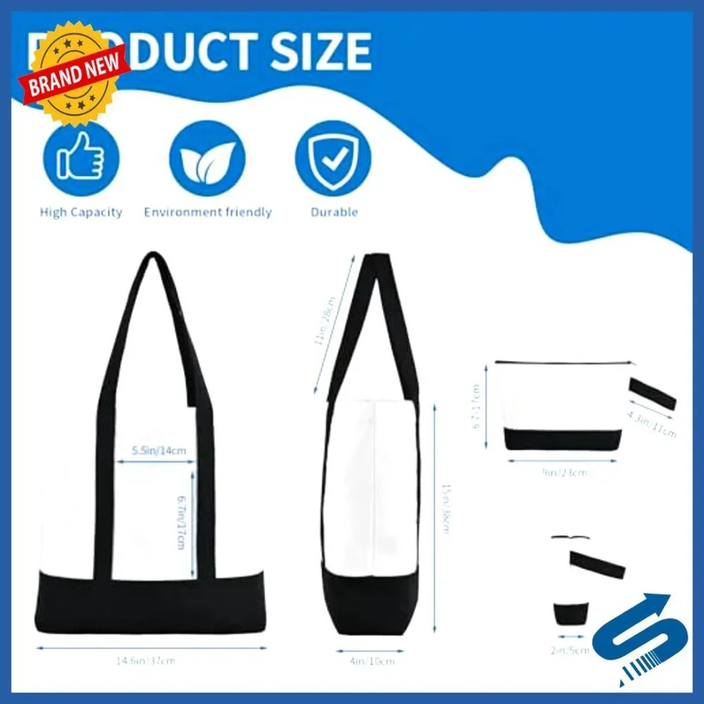 Canvas Tote Bags Set with Makeup Pouches Reusable Zippered Grocery Travel